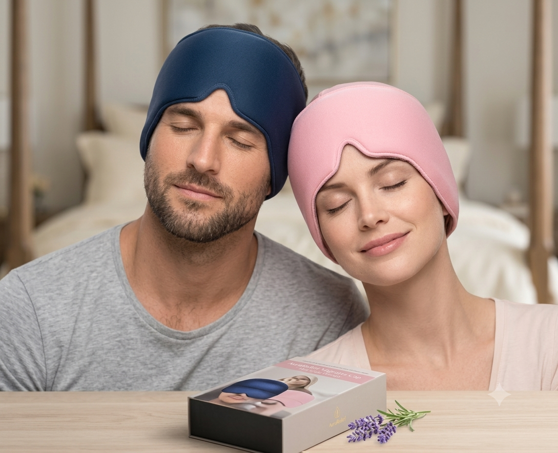 Pareja usando el gorro ReliefGel en tonos azul y rosa
